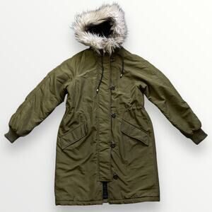 H&M Paded Parka Jacket Women’s XS Green Faux Hood Long Coat